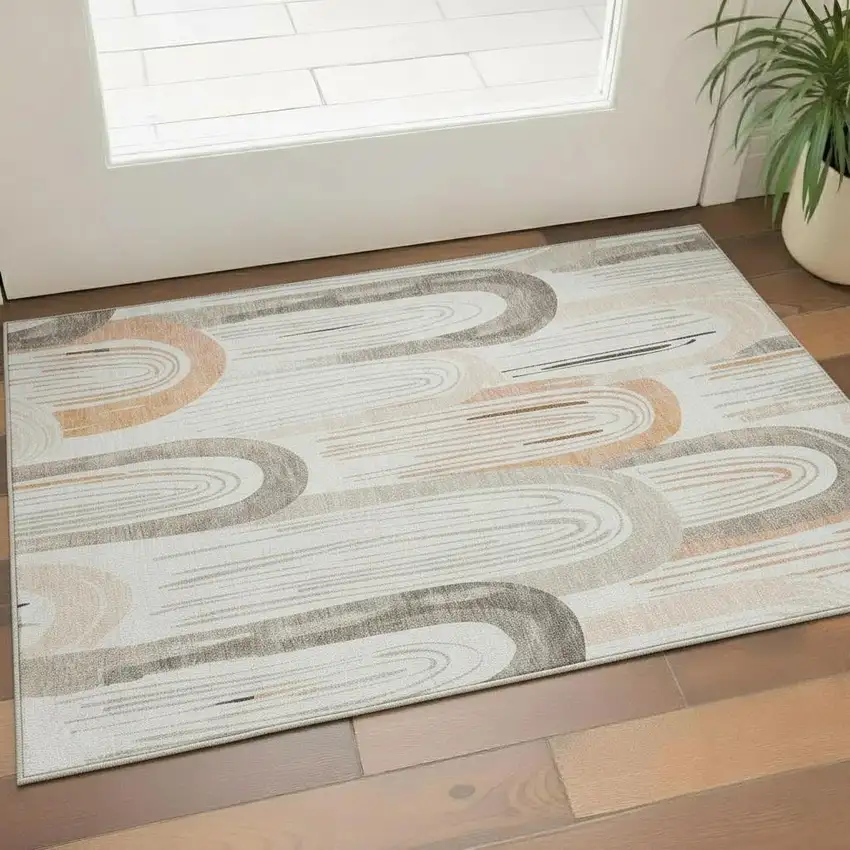 Ivory Peach And Taupe Geometric Washable Area Rug With UV Protection Photo 2