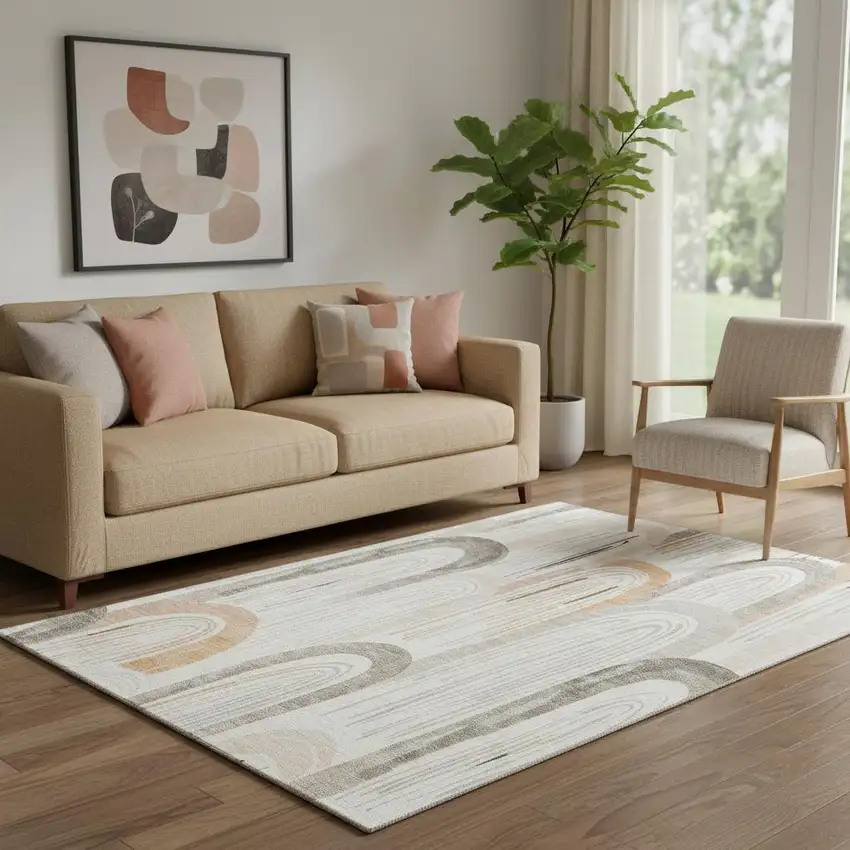 Ivory Peach And Taupe Geometric Washable Area Rug With UV Protection Photo 2