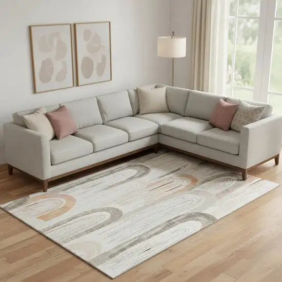 Ivory Peach And Taupe Geometric Washable Area Rug With UV Protection Photo 2