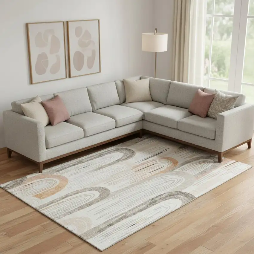 Ivory Peach And Taupe Geometric Washable Area Rug With UV Protection Photo 2