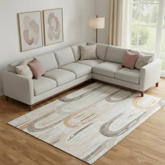 Ivory Peach And Taupe Geometric Washable Area Rug With UV Protection Photo 2