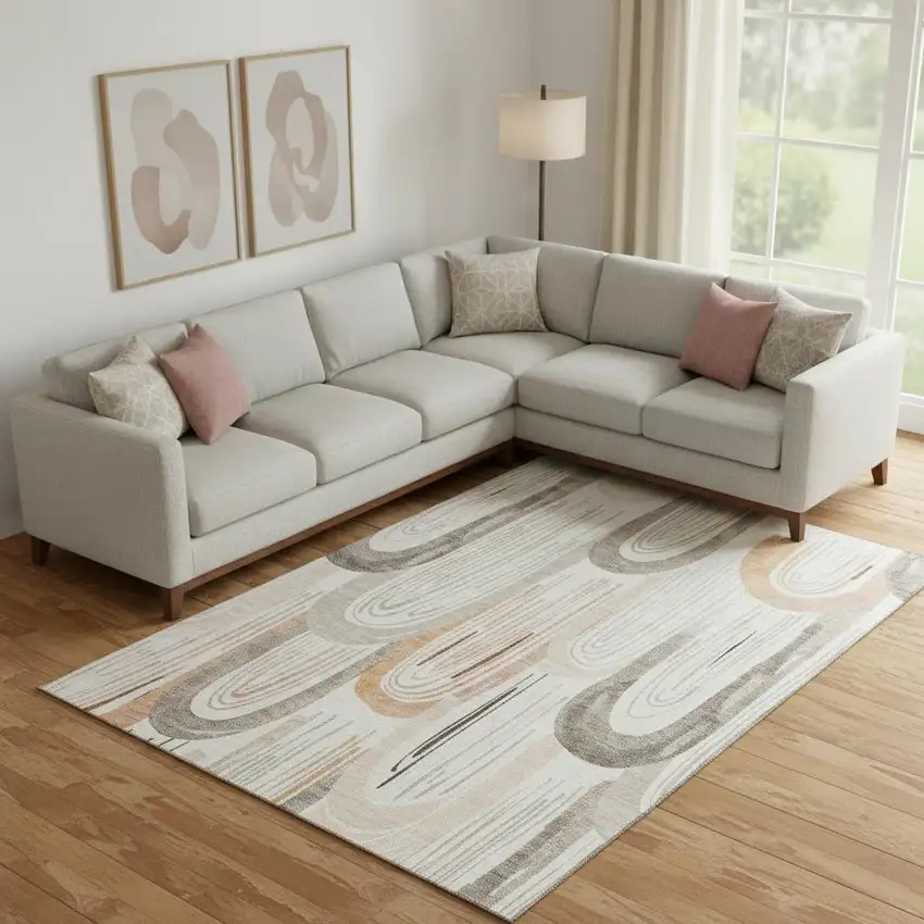 Ivory Peach And Taupe Geometric Washable Area Rug With UV Protection Photo 2