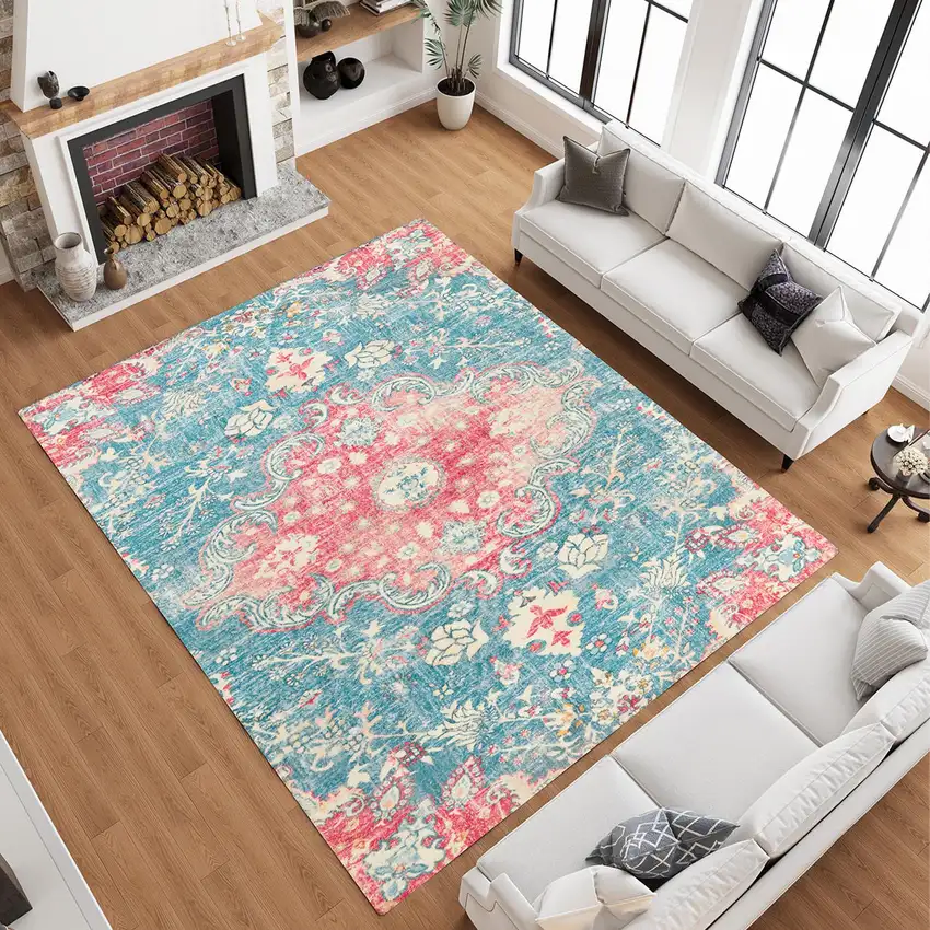Ivory Pink And Aqua Medallion Distressed Washable Area Rug Photo 5
