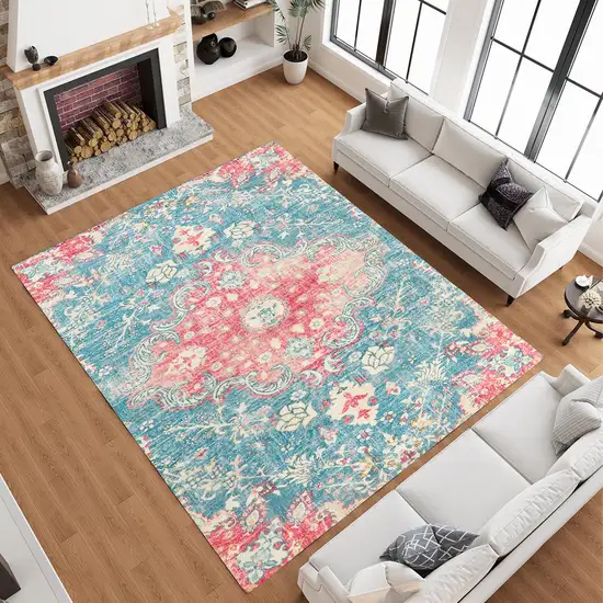 Ivory Pink And Aqua Medallion Distressed Washable Area Rug Photo 5