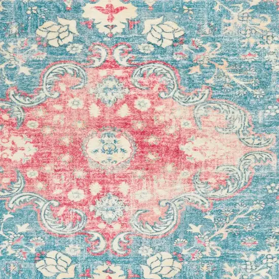 Ivory Pink And Aqua Medallion Distressed Washable Area Rug Photo 3