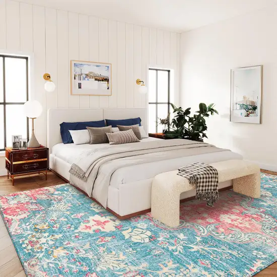 Ivory Pink And Aqua Medallion Distressed Washable Area Rug Photo 6