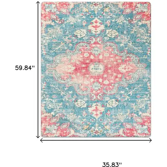 Ivory Pink And Aqua Medallion Distressed Washable Area Rug Photo 7