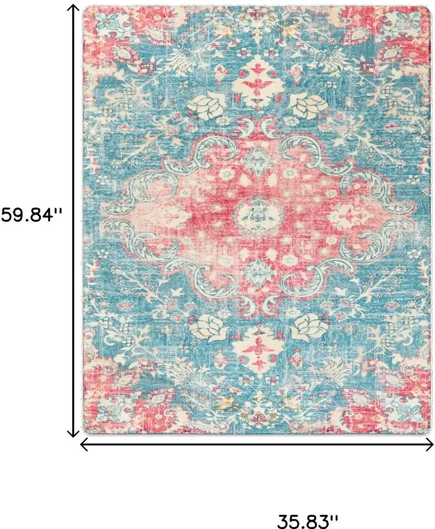 Ivory Pink And Aqua Medallion Distressed Washable Area Rug Photo 7