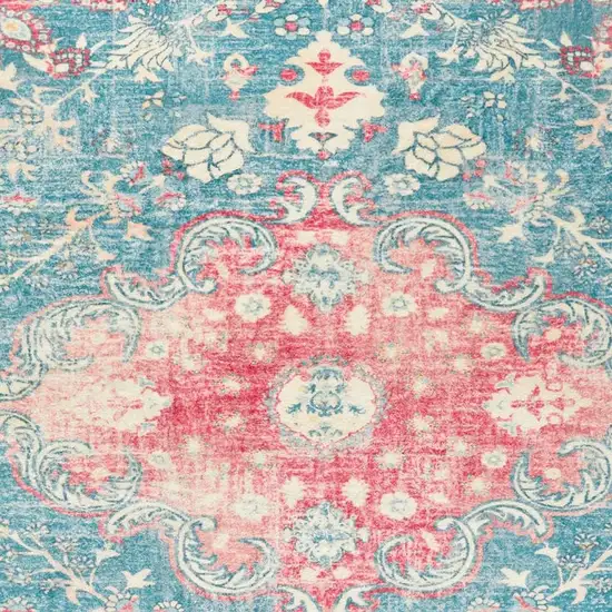 Ivory Pink And Aqua Medallion Distressed Washable Area Rug Photo 8