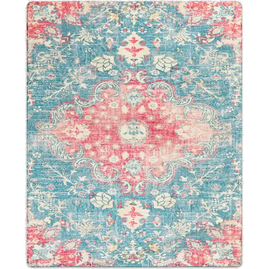 Ivory Pink And Aqua Medallion Distressed Washable Area Rug Photo 4