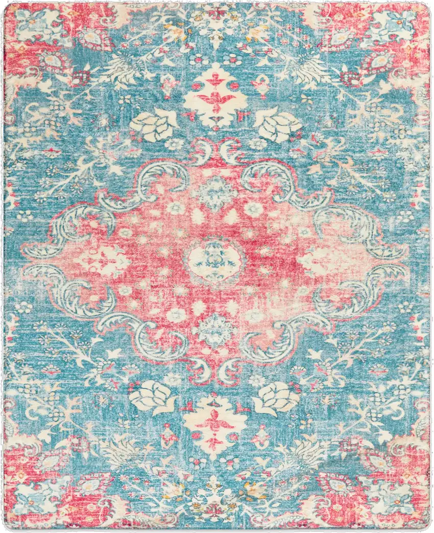 Ivory Pink And Aqua Medallion Distressed Washable Area Rug Photo 4