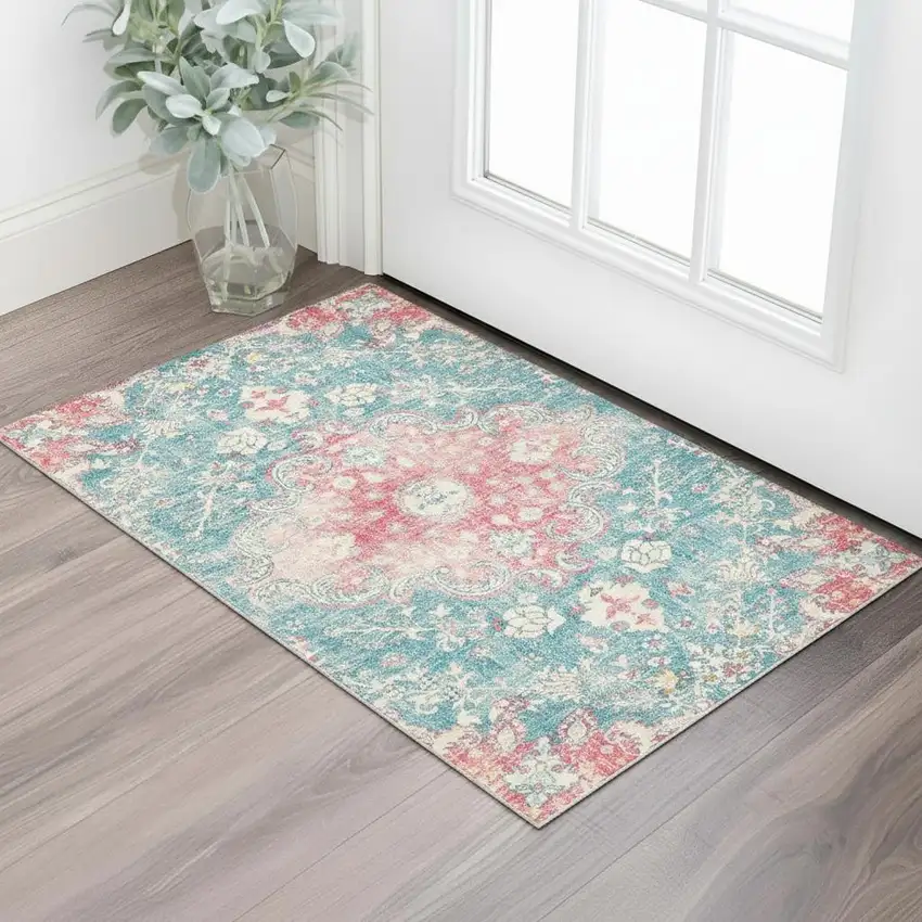 Ivory Pink And Aqua Medallion Distressed Washable Area Rug Photo 1