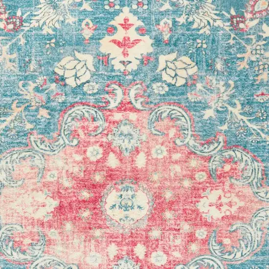 Ivory Pink And Aqua Medallion Distressed Washable Area Rug Photo 3