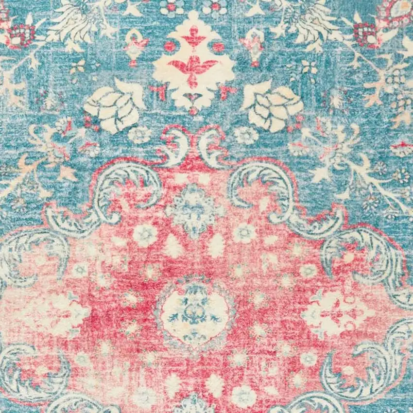 Ivory Pink And Aqua Medallion Distressed Washable Area Rug Photo 3