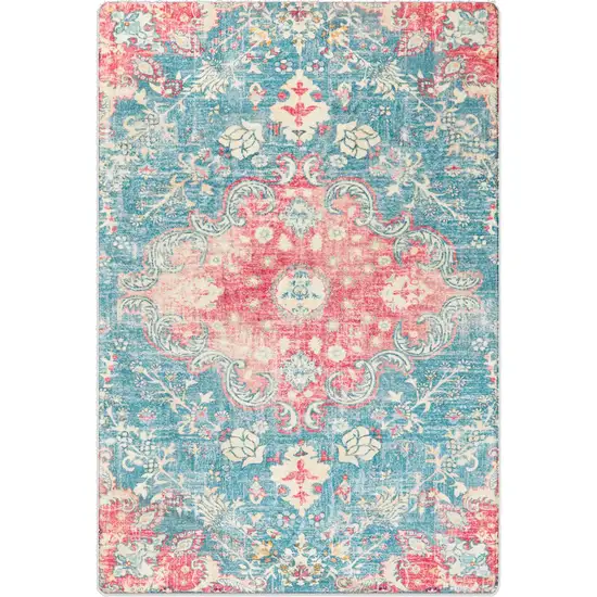 Ivory Pink And Aqua Medallion Distressed Washable Area Rug Photo 2