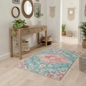 Photo of Ivory Pink And Aqua Medallion Distressed Washable Area Rug