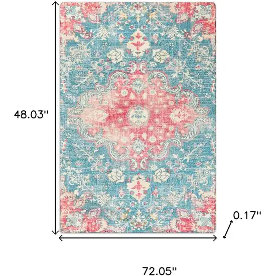 Ivory Pink And Aqua Medallion Distressed Washable Area Rug Photo 7