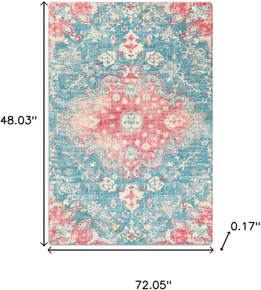 Ivory Pink And Aqua Medallion Distressed Washable Area Rug Photo 7