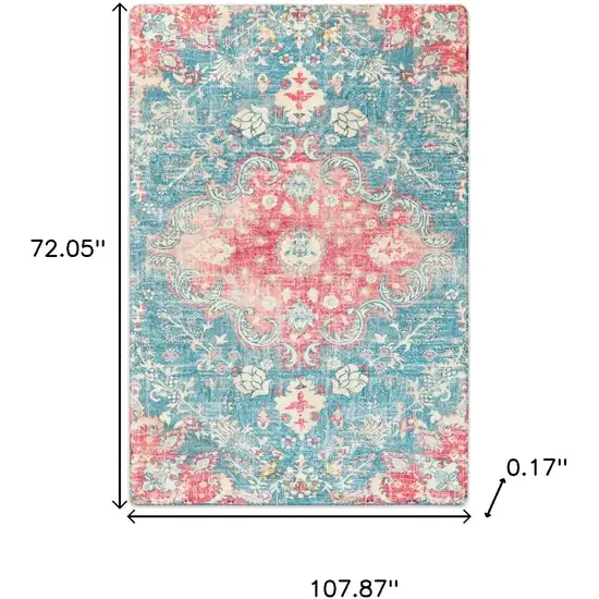 Ivory Pink And Aqua Medallion Distressed Washable Area Rug Photo 7