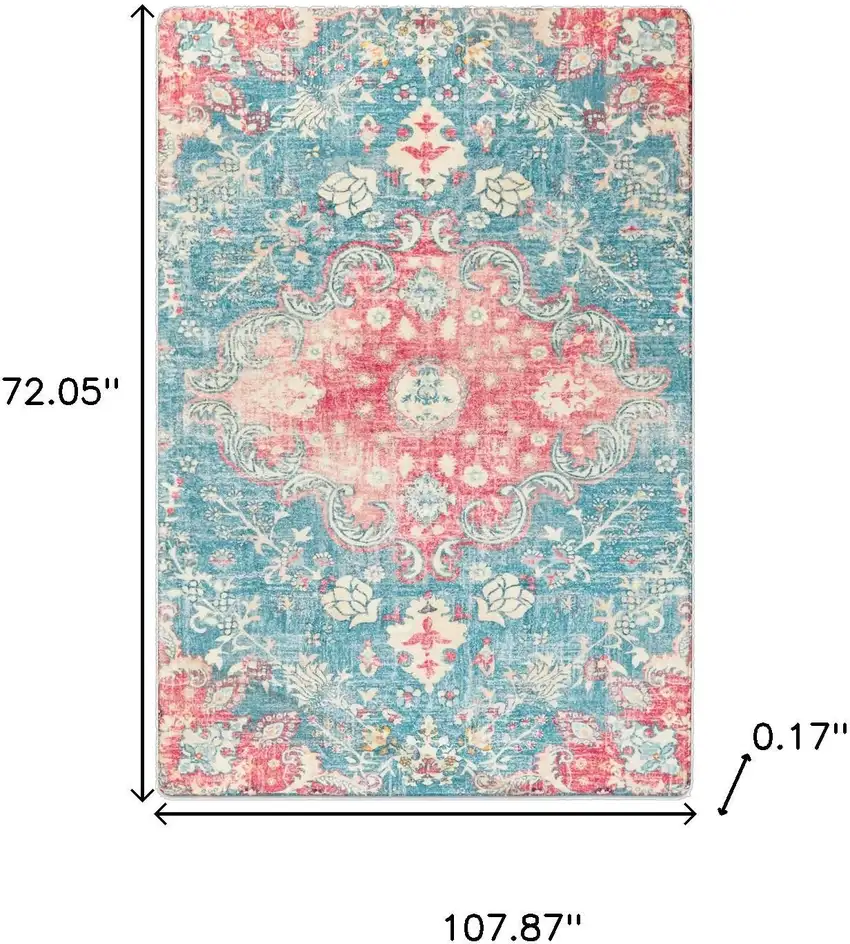 Ivory Pink And Aqua Medallion Distressed Washable Area Rug Photo 7
