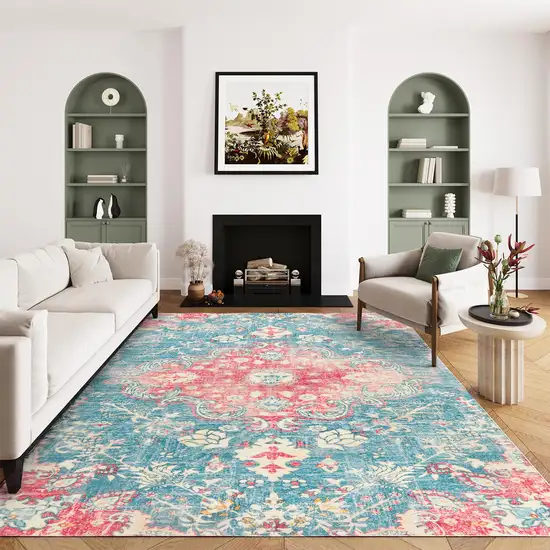 Ivory Pink And Aqua Medallion Distressed Washable Area Rug Photo 4