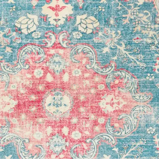 Ivory Pink And Aqua Medallion Distressed Washable Area Rug Photo 3