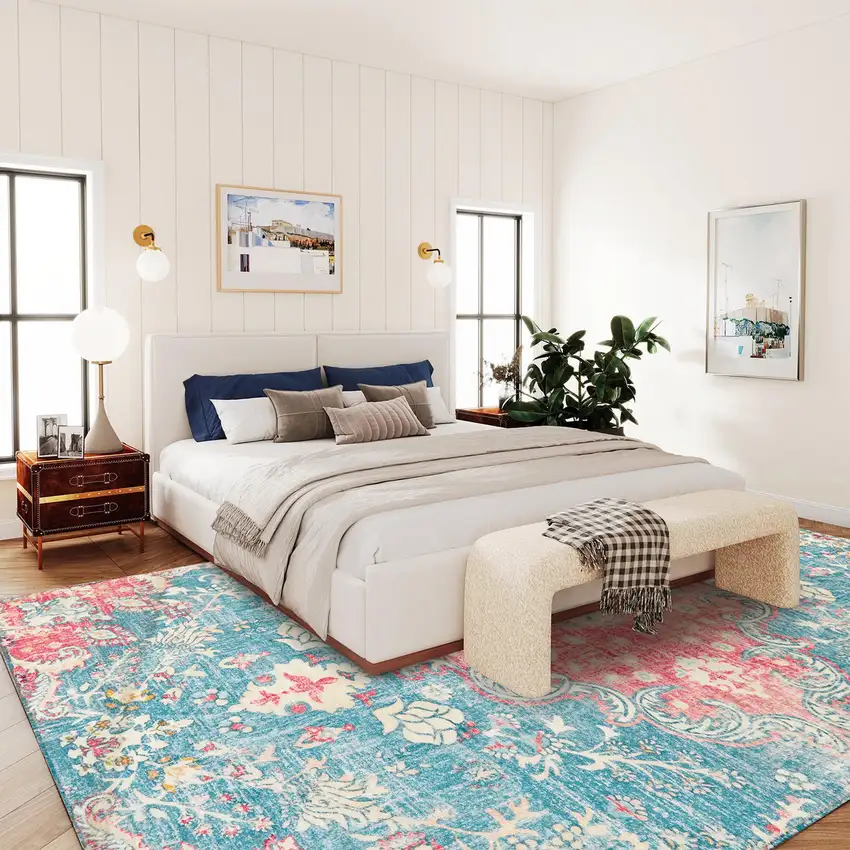 Ivory Pink And Aqua Medallion Distressed Washable Area Rug Photo 5