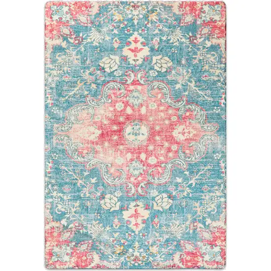 Ivory Pink And Aqua Medallion Distressed Washable Area Rug Photo 2