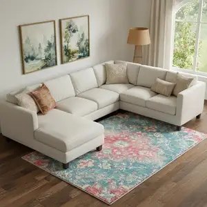 Photo of Ivory Pink And Aqua Medallion Distressed Washable Area Rug