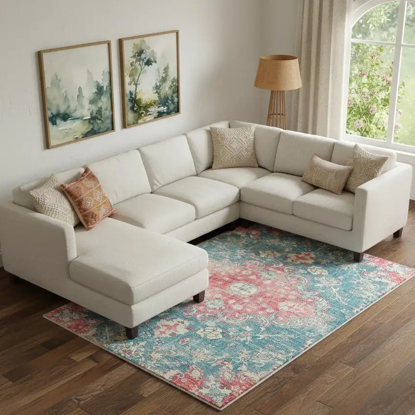 Ivory Pink And Aqua Medallion Distressed Washable Area Rug Photo 1