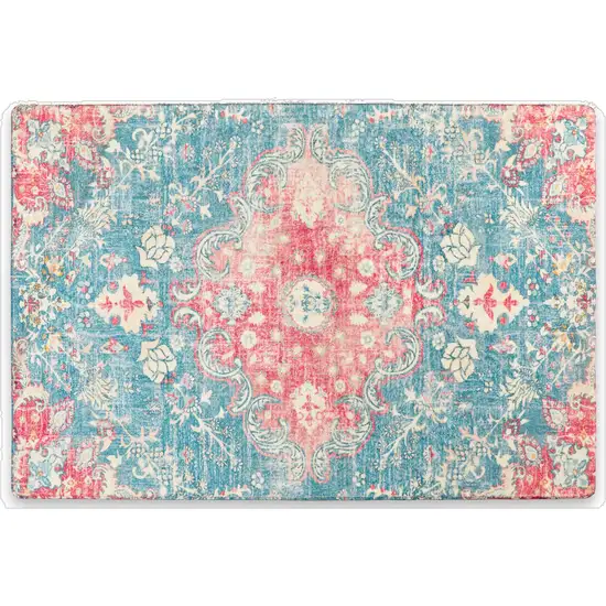 Ivory Pink And Aqua Medallion Distressed Washable Area Rug Photo 2