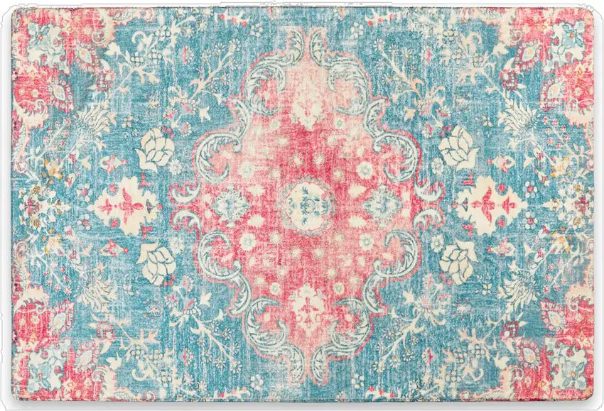 Ivory Pink And Aqua Medallion Distressed Washable Area Rug Photo 2