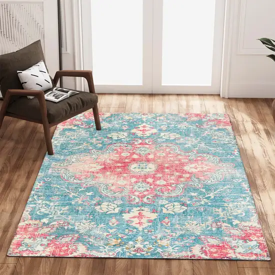 Ivory Pink And Aqua Medallion Distressed Washable Area Rug Photo 5