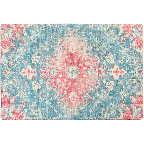Ivory Pink And Aqua Medallion Distressed Washable Area Rug Photo 3