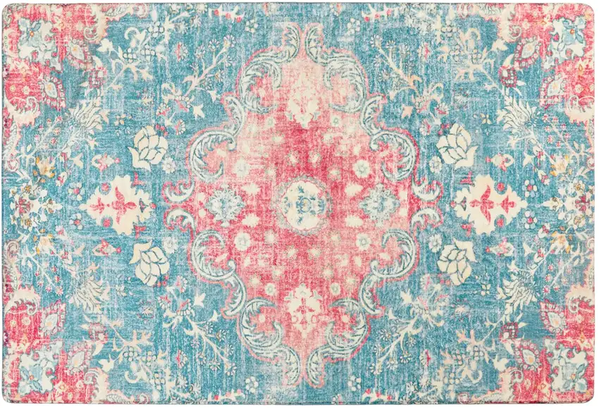 Ivory Pink And Aqua Medallion Distressed Washable Area Rug Photo 3
