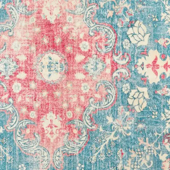 Ivory Pink And Aqua Medallion Distressed Washable Area Rug Photo 4