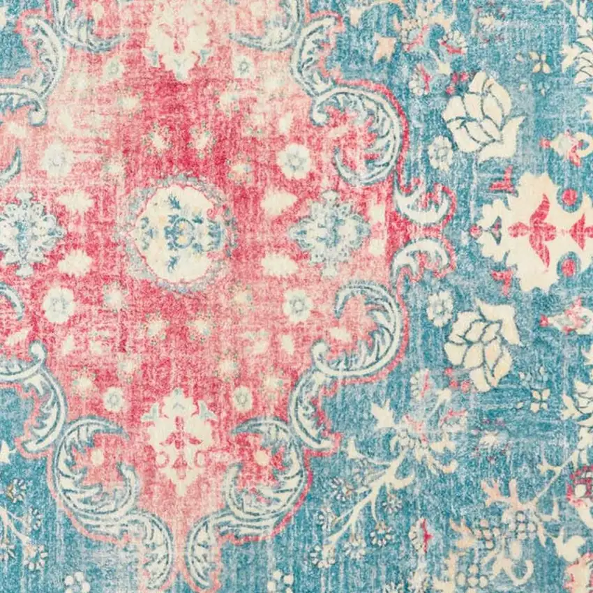 Ivory Pink And Aqua Medallion Distressed Washable Area Rug Photo 4