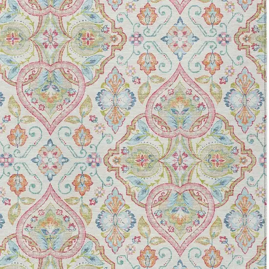 Ivory Pink And Artichoke Green Ogee Washable Indoor Outdoor Area Rug Photo 5