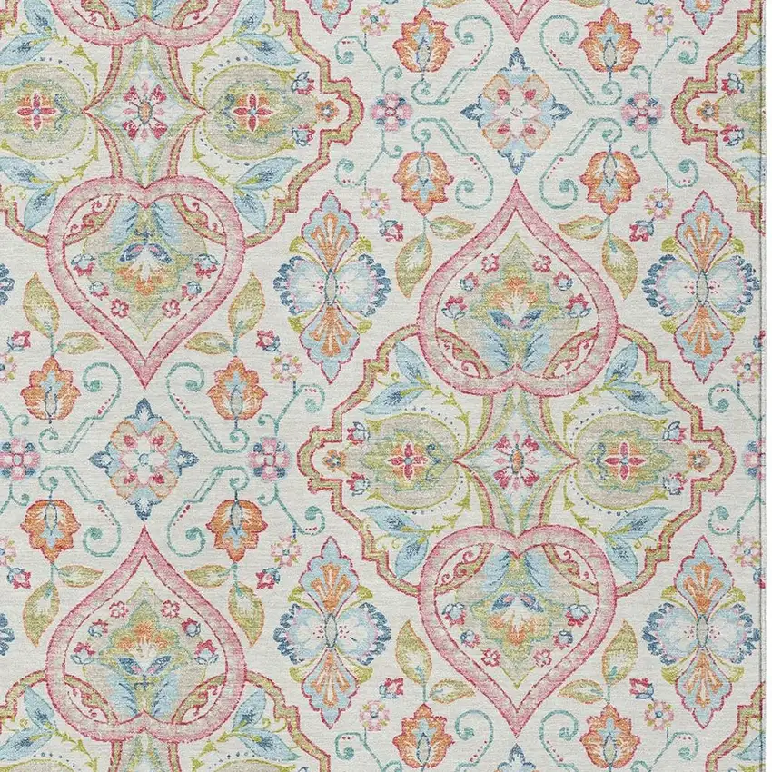 Ivory Pink And Artichoke Green Ogee Washable Indoor Outdoor Area Rug Photo 5