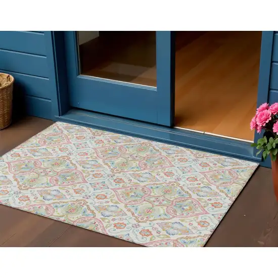 Ivory Pink And Artichoke Green Ogee Washable Indoor Outdoor Area Rug Photo 2