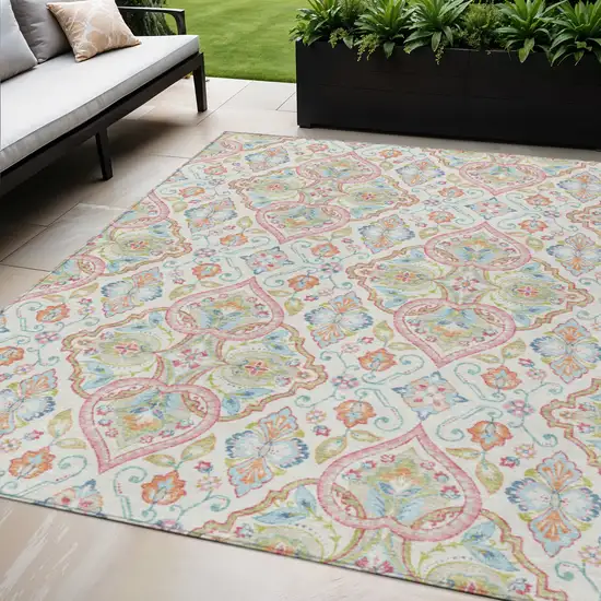 Ivory Pink And Artichoke Green Ogee Washable Indoor Outdoor Area Rug Photo 2