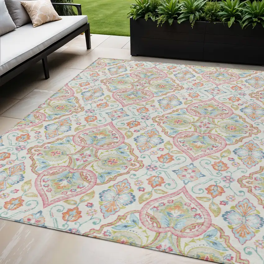 Ivory Pink And Artichoke Green Ogee Washable Indoor Outdoor Area Rug Photo 2