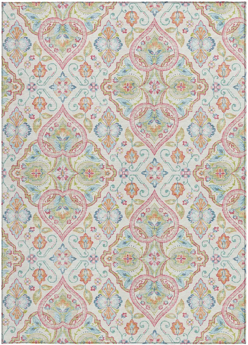 Ivory Pink And Artichoke Green Ogee Washable Indoor Outdoor Area Rug Photo 3