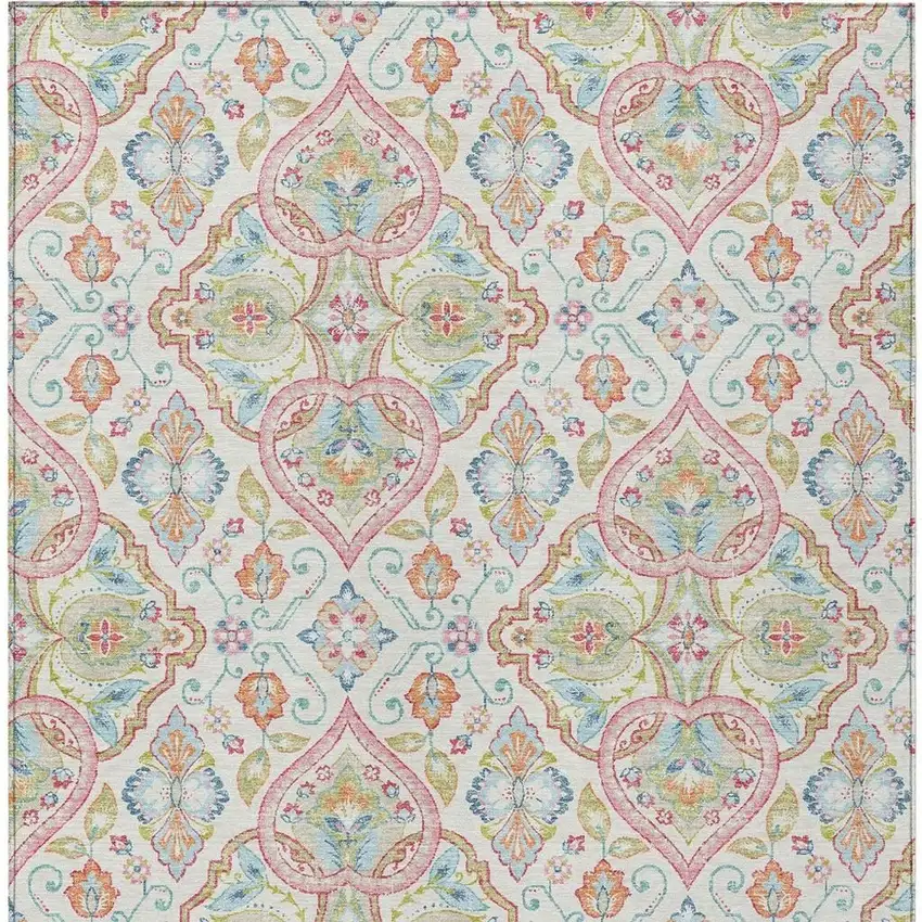Ivory Pink And Artichoke Green Ogee Washable Indoor Outdoor Area Rug Photo 5