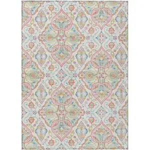 Photo of Ivory Pink And Artichoke Green Ogee Washable Indoor Outdoor Area Rug