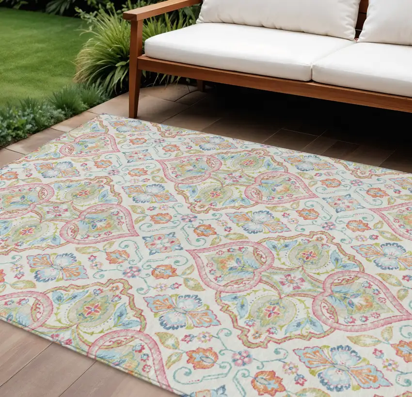 Ivory Pink And Artichoke Green Ogee Washable Indoor Outdoor Area Rug Photo 2