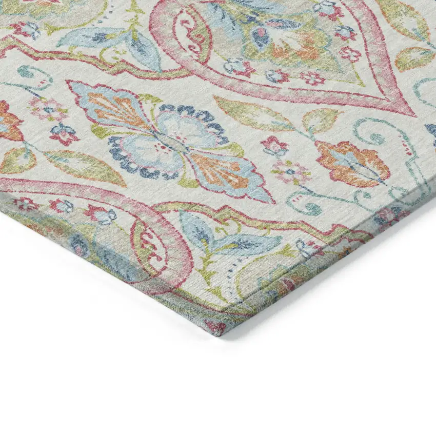 Ivory Pink And Artichoke Green Ogee Washable Indoor Outdoor Area Rug Photo 3
