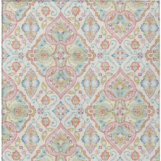 Ivory Pink And Artichoke Green Ogee Washable Indoor Outdoor Area Rug Photo 4