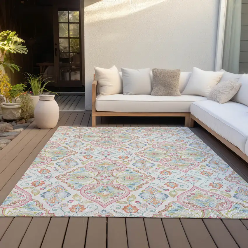 Ivory Pink And Artichoke Green Ogee Washable Indoor Outdoor Area Rug Photo 6