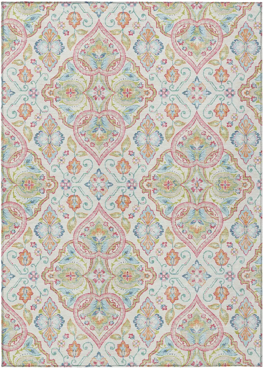 Ivory Pink And Artichoke Green Ogee Washable Indoor Outdoor Area Rug Photo 1